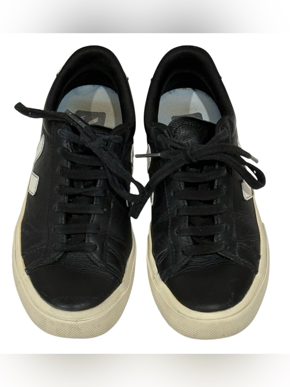 VEJA Black Leather Low-Top Lace-Up Sneakers White Logo EU 37 US 6 UK 4 - Picture 3 of 8